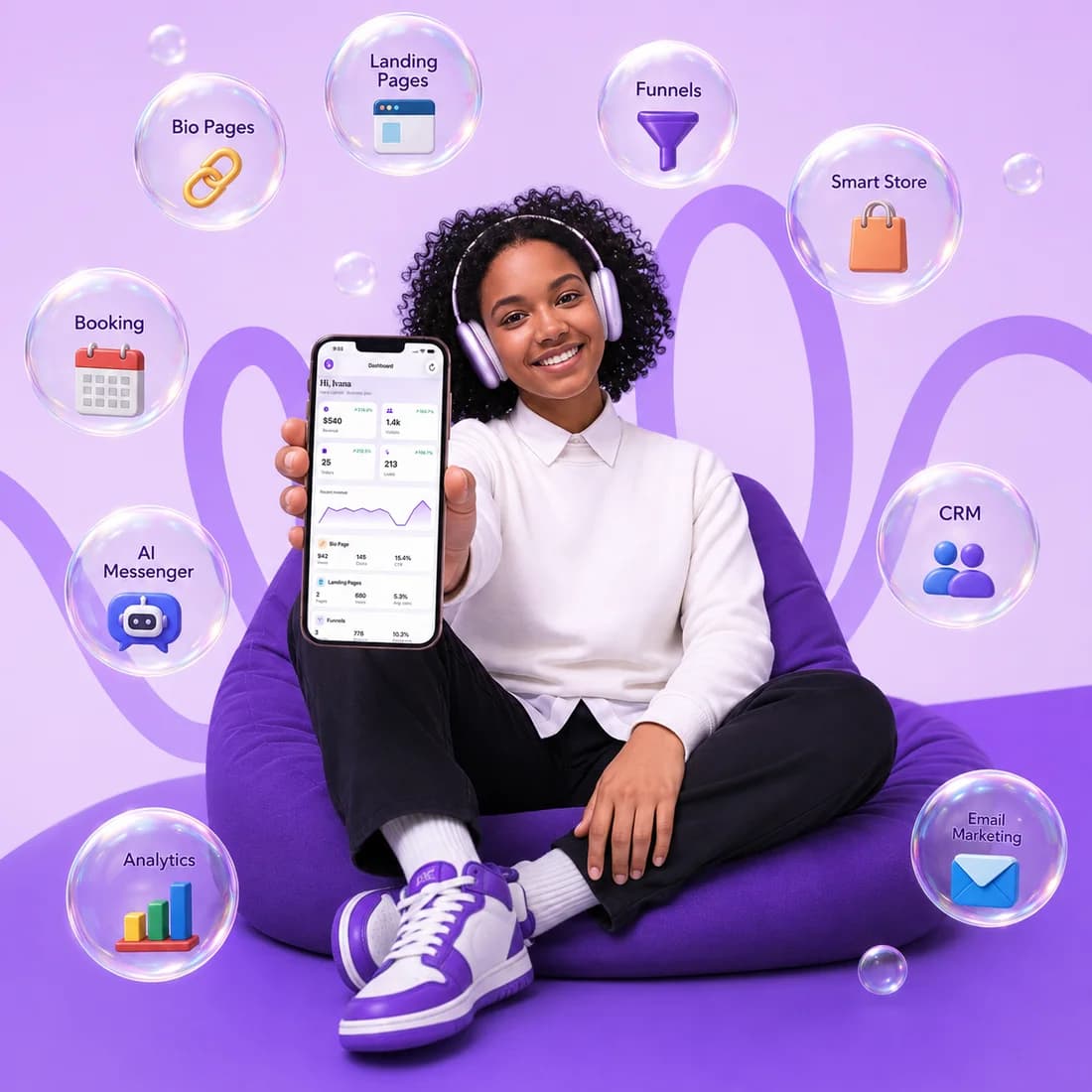 A creator sitting with her phone, showing the Octora dashboard, surrounded by bubbles for each module.