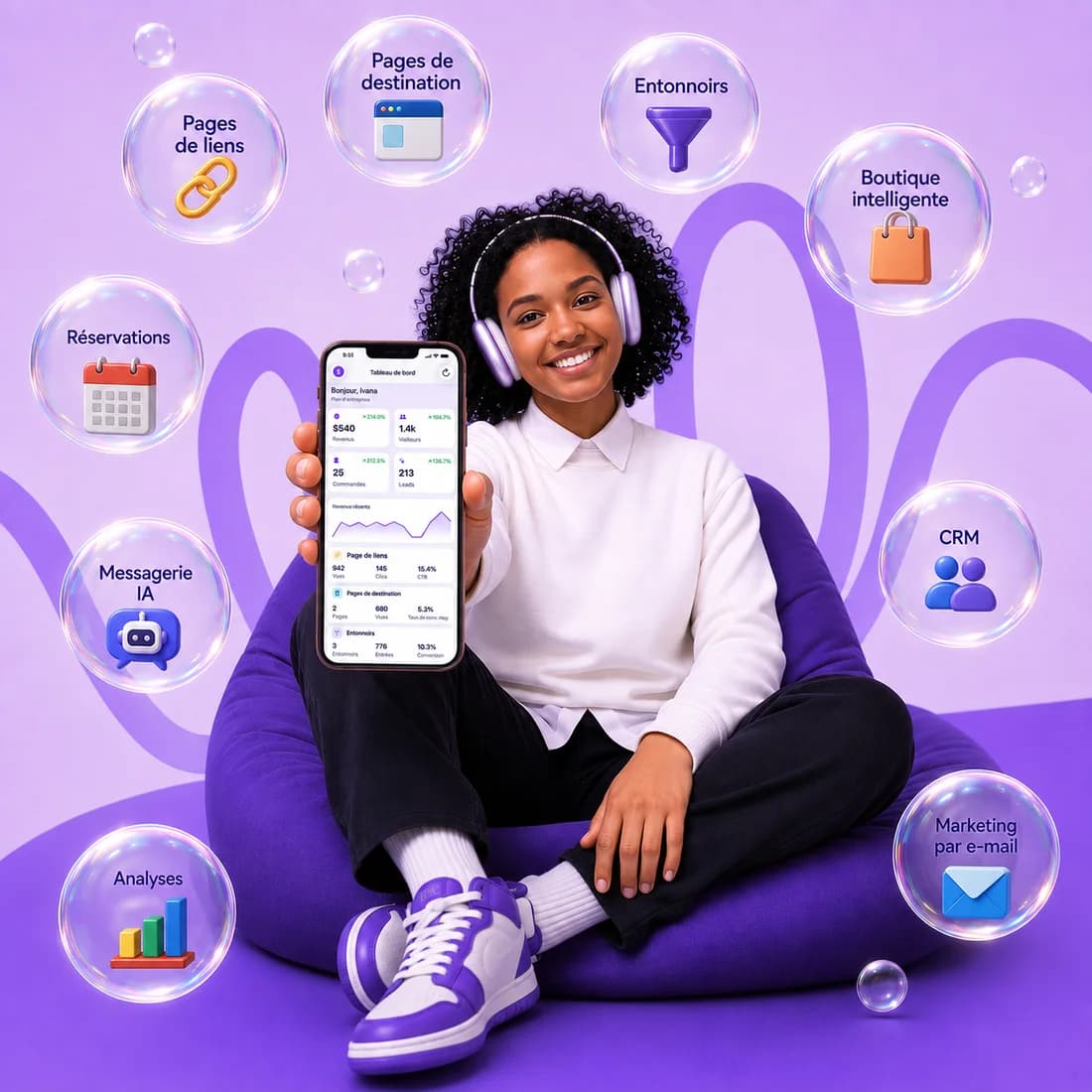 Une créatrice assise avec son téléphone, montrant le tableau de bord Octora, entourée de bulles pour chaque module.