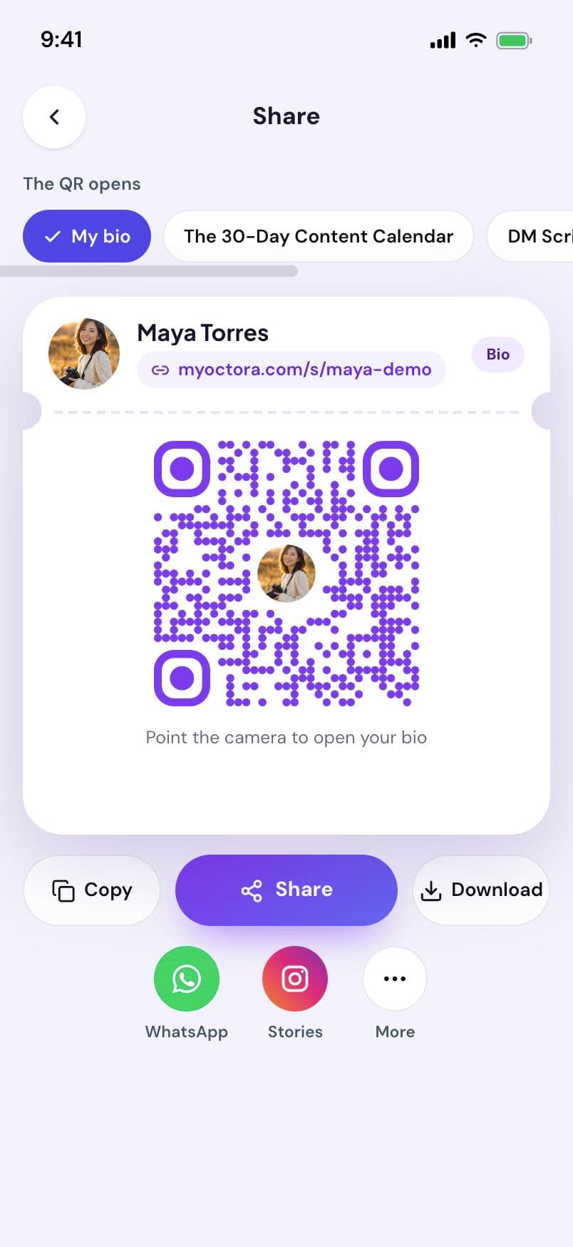 Pantalla Compartir de Octora con un código QR