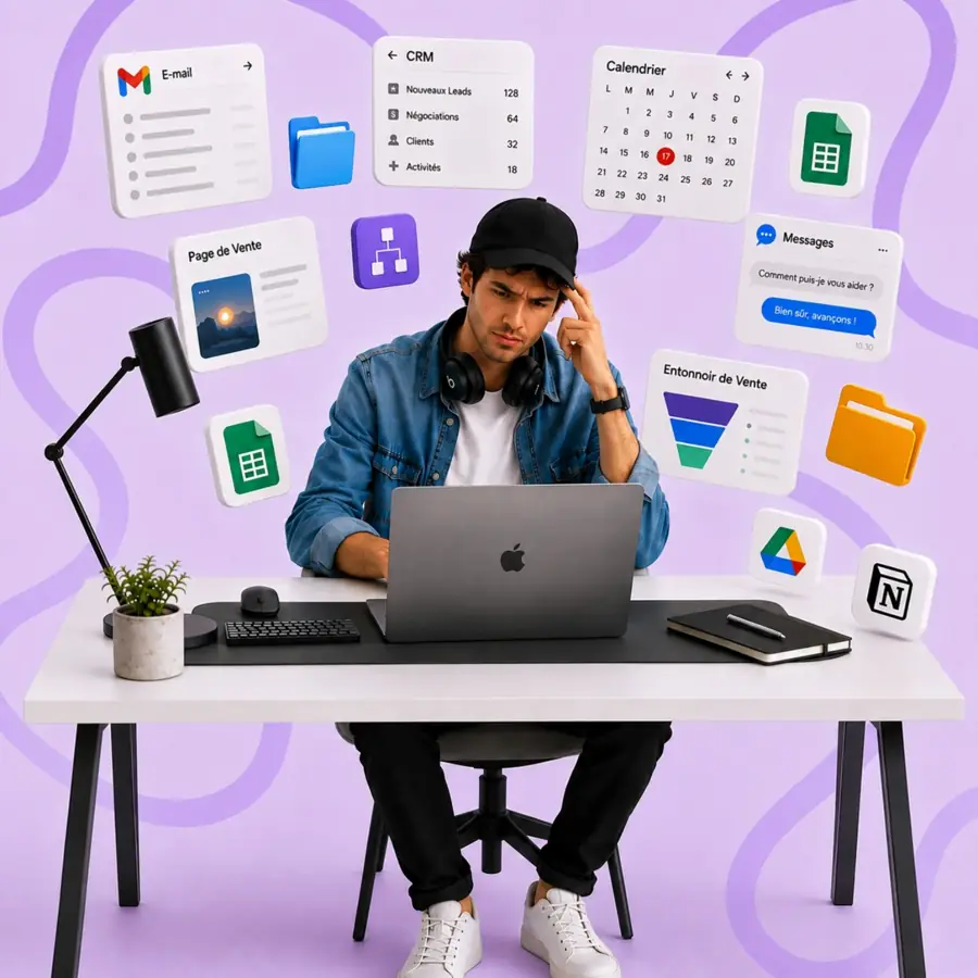 Un bureau enseveli sous des applications séparées — e-mail, agenda, CRM, tableurs, tunnels, stockage — qui disparaissent ensuite.
